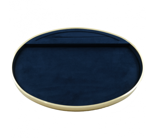 Dark Blue Suede Oval Presentation Tray w/ Gold Trim 12" x 8" x 1" H 